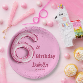 Pink glitter cute balloon no.6 girly 6th birthday  paper plate