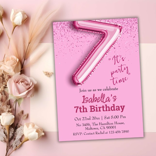 Pink glitter cute balloon no.7 girly 7th birthday invitation (Creator Uploaded)