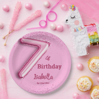 Pink glitter cute balloon no.7 girly 7th birthday  paper plate