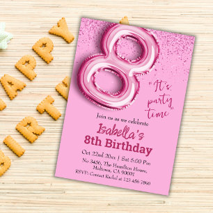 Pink glitter cute balloon no.8 girly 8th birthday invitation