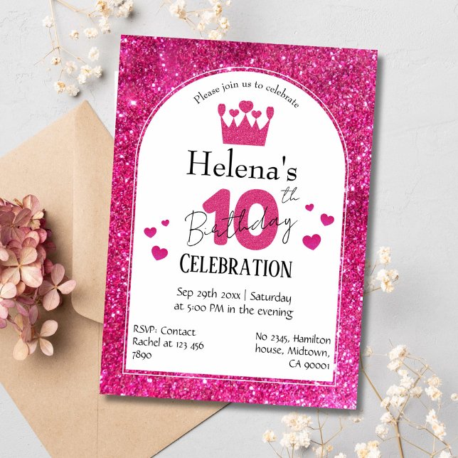 Pink glitter cute vibrant sparkling 10th birthday invitation (Creator Uploaded)