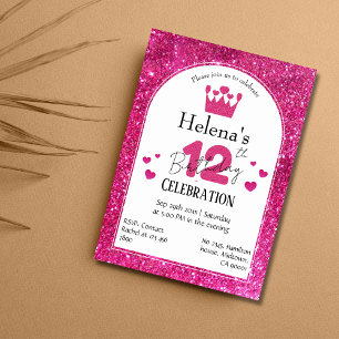 Pink glitter cute vibrant sparkling 12th birthday invitation