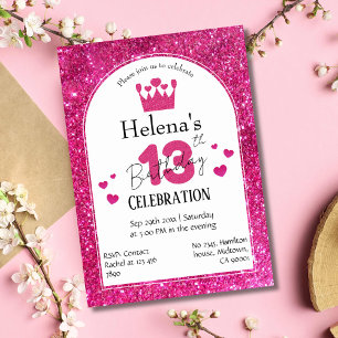 Pink glitter cute vibrant sparkling 13th birthday invitation