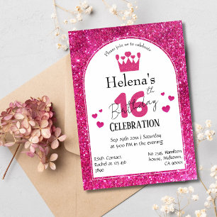 Pink glitter cute vibrant sparkling 16th birthday invitation