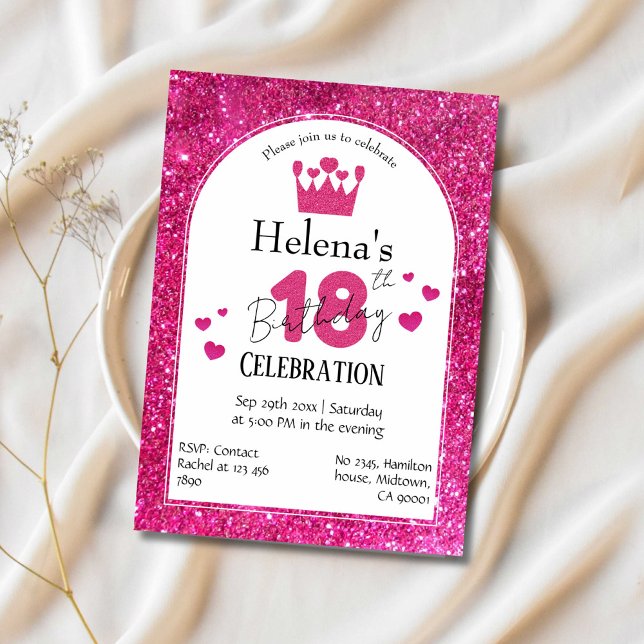 Pink glitter cute vibrant sparkling 18th birthday invitation (Creator Uploaded)