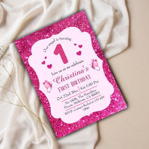 Pink glitter cute vibrant sparkling 1st birthday invitation