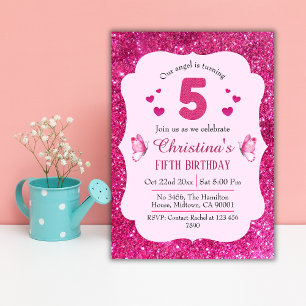 Pink glitter cute vibrant sparkling 5th birthday invitation
