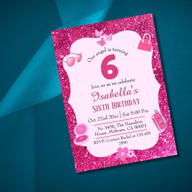 Pink glitter cute vibrant sparkling 6th birthday invitation (Creator Uploaded)