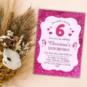 Pink glitter cute vibrant sparkling 6th birthday invitation