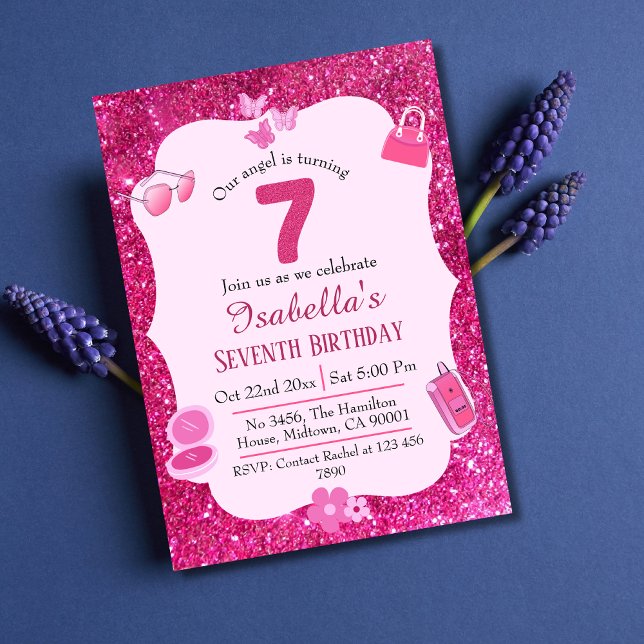 Pink glitter cute vibrant sparkling 7th birthday invitation (Creator Uploaded)