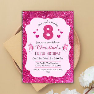 Pink glitter cute vibrant sparkling 8th birthday invitation