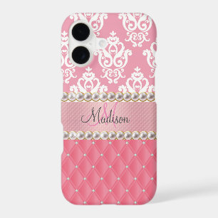 Pink Glitter, Damask, tufted with faux rhinestones