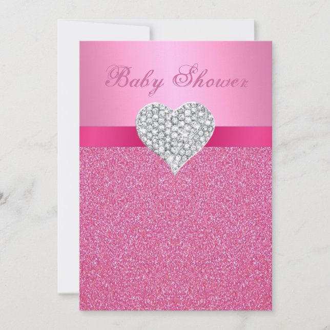 Pink Glitter Diamond Heart Baby Shower Invitation (Front)