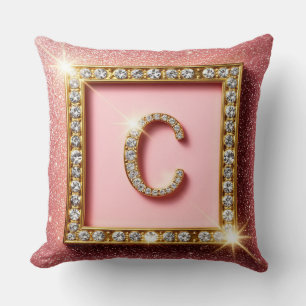 Pink Glitter Diamond Initial C Gold Frame Monogram Cushion
