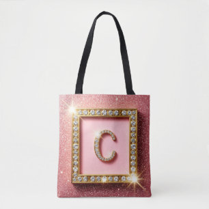Pink Glitter Diamond Initial C Gold Frame Monogram Tote Bag