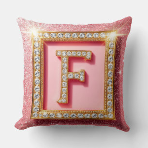 Pink Glitter Diamond Initial F Gold Frame Monogram Cushion