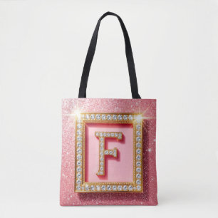 Pink Glitter Diamond Initial F Gold Frame Monogram Tote Bag