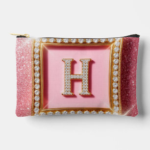 Pink Glitter Diamond Initial H Gold Frame Monogram Accessory Pouch