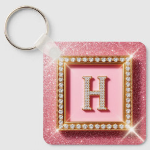 Pink Glitter Diamond Initial H Gold Frame Monogram Key Ring