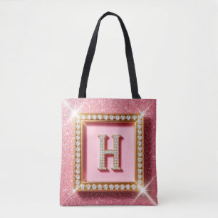 Pink Glitter Diamond Initial H Gold Frame Monogram Tote Bag