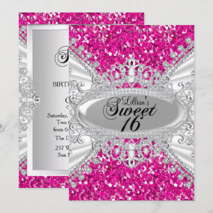 Pink Glitter & Diamond Tiara Sweet 16 Invite