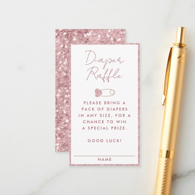 Pink Glitter Diaper Raffle Baby Shower  Enclosure Card (Front/Back In Situ)
