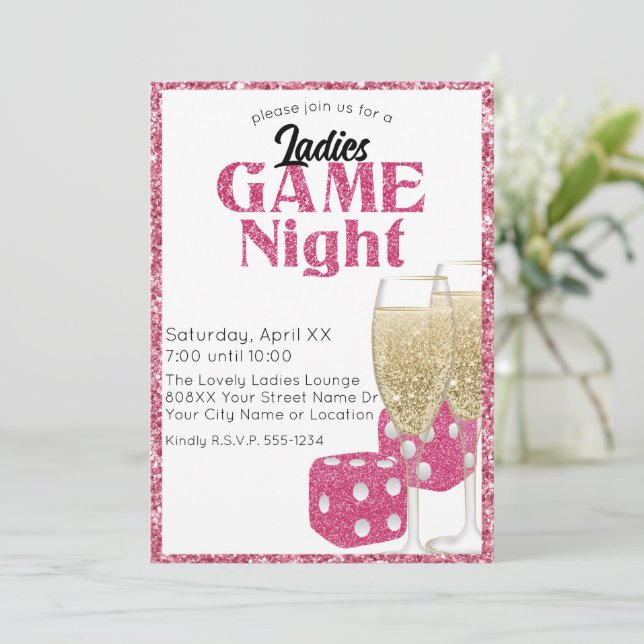 Pink Glitter Dice and Champagne Ladies Game Night Invitation (Standing Front)