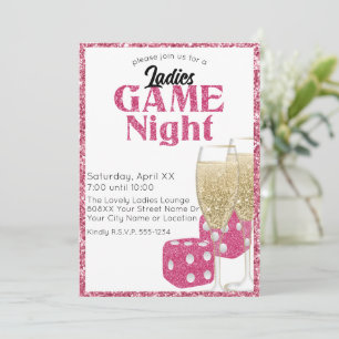 Pink Glitter Dice and Champagne Ladies Game Night Invitation