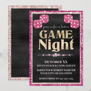 Pink Glitter Dice Ladies Game Night Gold on Black Invitation