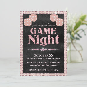 Pink Glitter Dice Ladies Game Night on Black Invitation