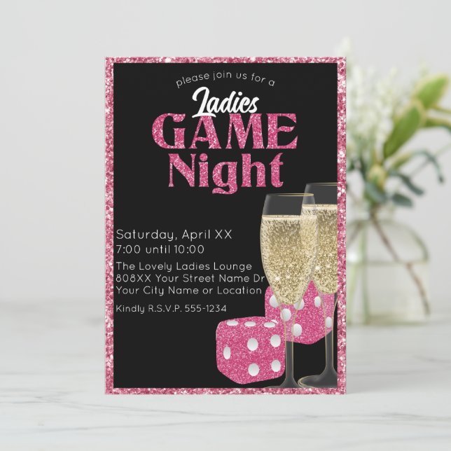 Pink Glitter Dice Ladies Game Night on Black Invitation (Standing Front)