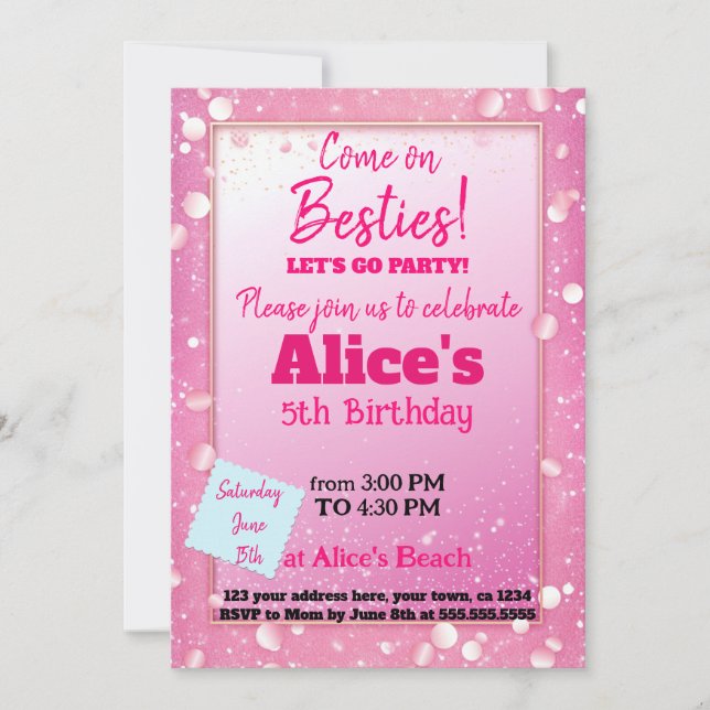 Pink Glitter Doll Themed Birthday Invitation (Front)