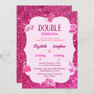 Pink Glitter Double Birthday Party For Girls  Invitation