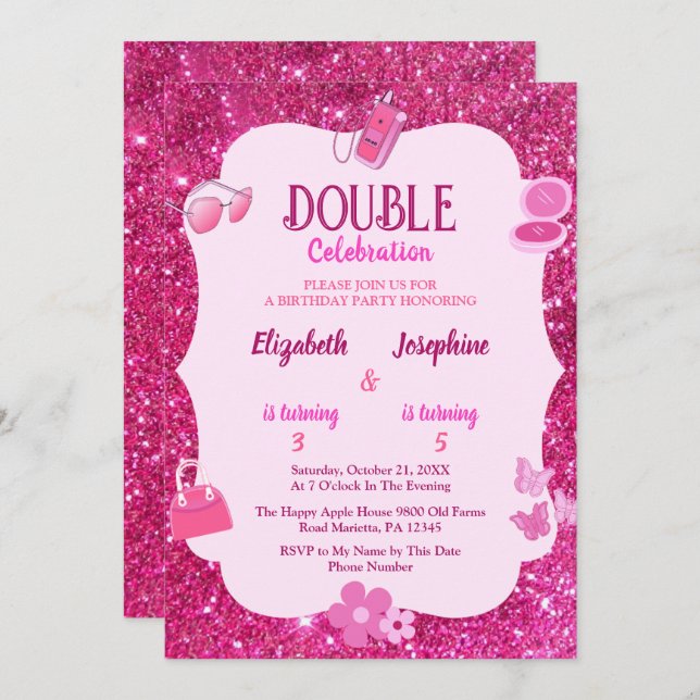 Pink Glitter Double Birthday Party For Girls  Invitation (Front/Back)