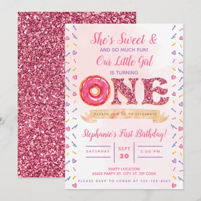 Pink, Glitter, Doughnut Birthday Invitation (Front/Back)