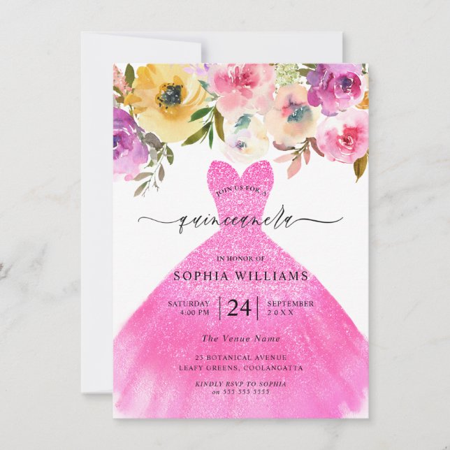 Pink Glitter Dress Colourful Flowers Quinceanera  Invitation (Front)