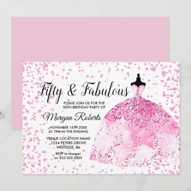 Pink Glitter Dress Fifty & Fabulous 50th Birthday Invitation (Front/Back)
