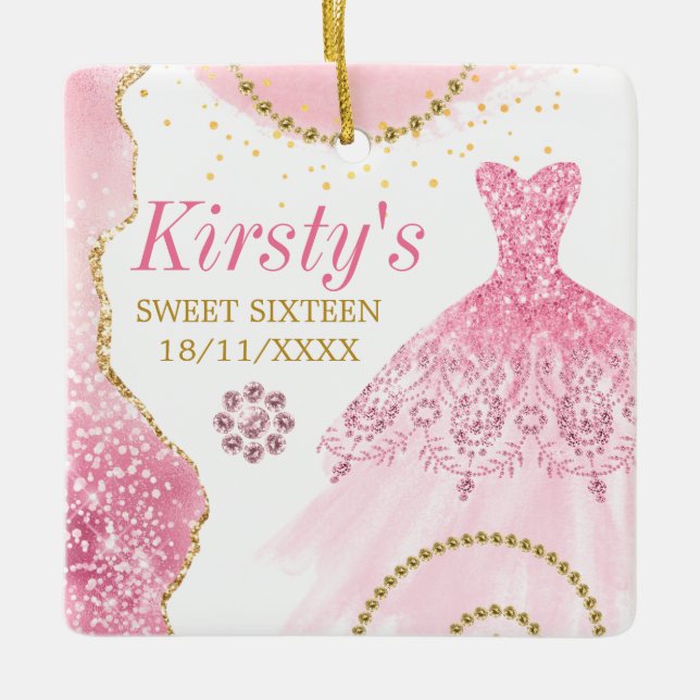 Pink Glitter Dress & Glam edge & diamonds Sweet 16 Ceramic Ornament (Front)