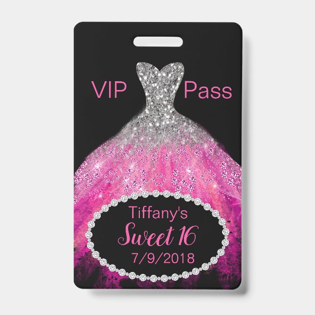 Pink Glitter Dress Sweet 16 VIP Party Badge ID Badge (Front)