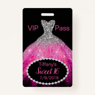 Pink Glitter Dress Sweet 16 VIP Party Badge ID Badge