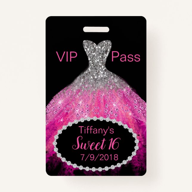 Pink Glitter Dress Sweet 16 VIP Party Badge ID Badge (Front)