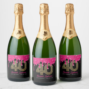 Pink Glitter Drip 40th Birthday Sparkling Wine Lab Label