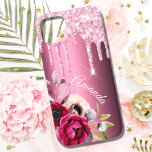 Pink glitter drip burgundy metallic florals name Case-Mate iPhone 14 case<br><div class="desc">Pink faux glitter drip,  Paint drip look on a burgundy faux metallic looking background. Burgundy and rose gold coloured Flowers. Template for Your name.  The name in pastel pink is written with a modern and trendy hand lettered style script. Curved text, </div>