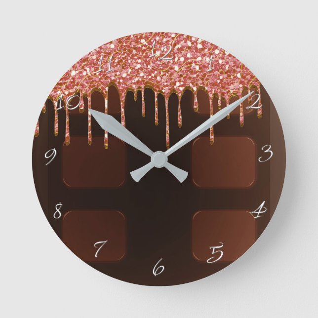Pink Glitter Drip Chocolate Candy Bar Glam Round Clock (Front)