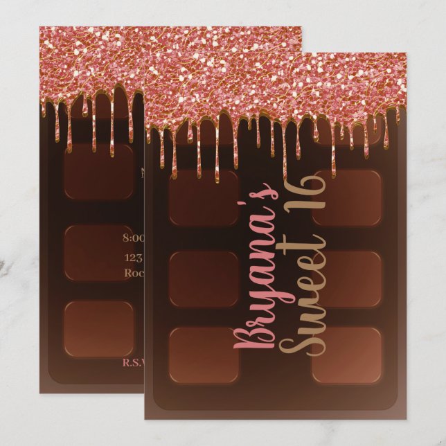 Pink Glitter Drip Chocolate Candy Bar Sweet 16 Invitation (Front/Back)