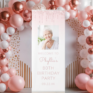 Pink Glitter Drip Custom Photo 80th Birthday Party Retractable Banner