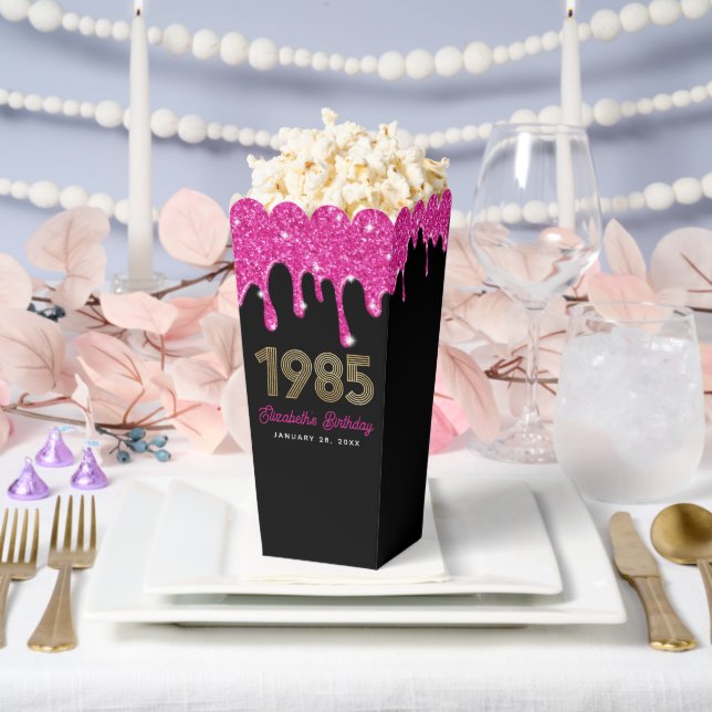 Pink Glitter Drip Faux Gold 1985 40th Birthday Favour Box (Wedding)
