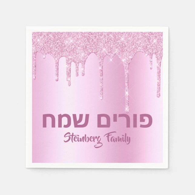 Pink Glitter Drip Happy Purim  Napkin (Front)