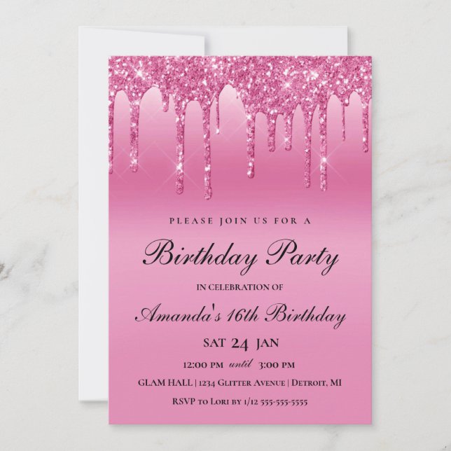Pink Glitter Drip Invitation (Front)