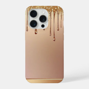 Pink Glitter Drip Over Gold Metallic Background iPhone 15 Pro Case
